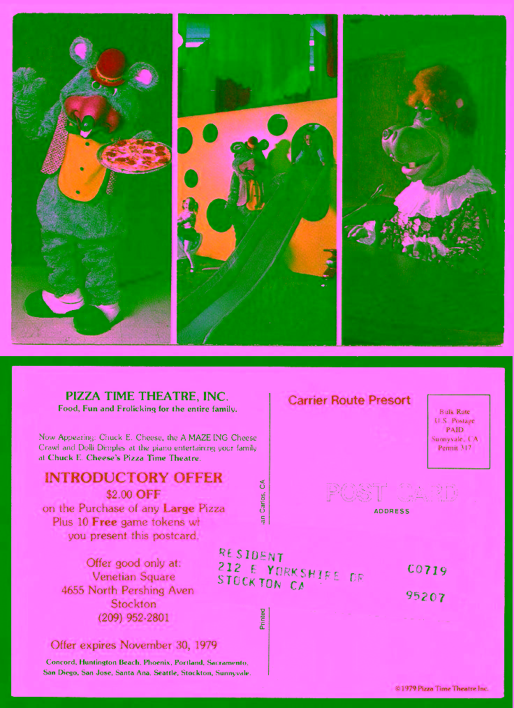 Pizza Time Theatre Post Card for the Stockton location.
